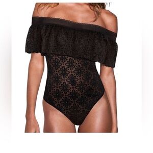 Off-the-shoulder black sexy  sheer lace bodysuit size Medium VICTORIA’S SECRET